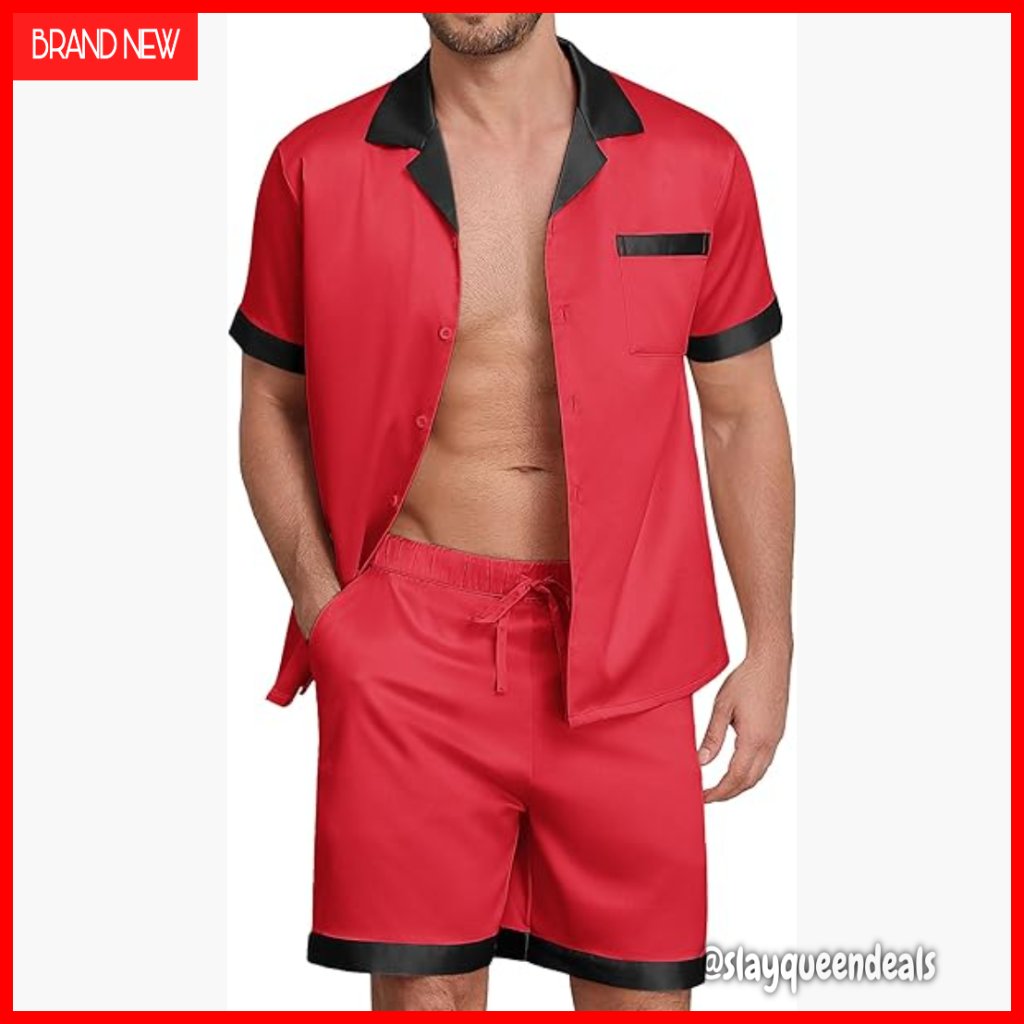 Men's Satin Silk Pajama Set Short Sleeve Button Down With Pockets